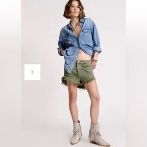 NWT One Teaspoon Outlaws denim green khaki Size 22 raw hem shorts button fly